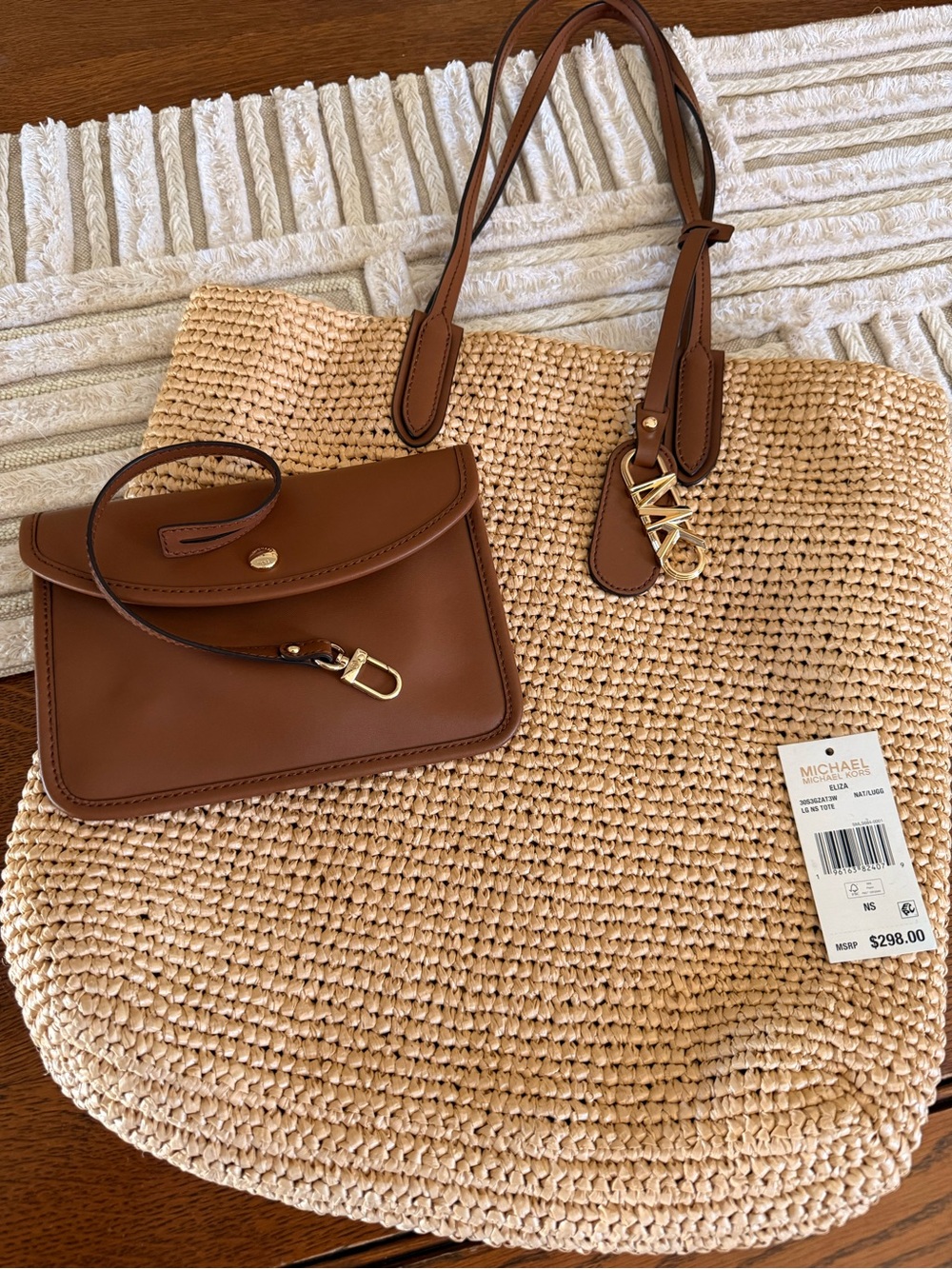 Michael Kors Tan Leather-Trim Straw Tote with Detachable Pouch